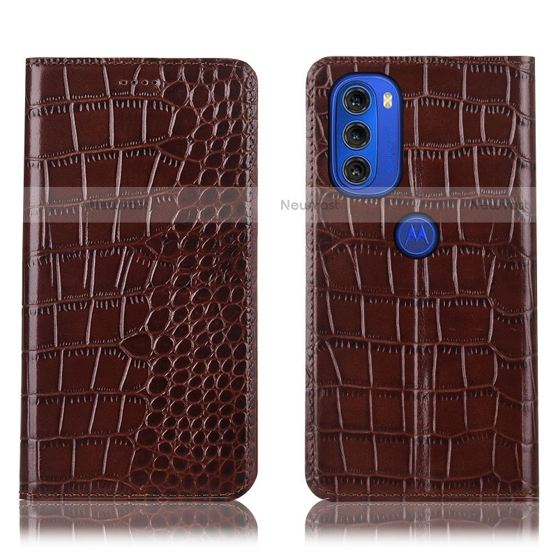 Leather Case Stands Flip Cover Holder H08P for Motorola Moto G51 5G Brown