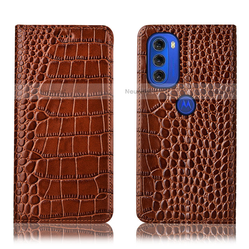 Leather Case Stands Flip Cover Holder H08P for Motorola Moto G51 5G Light Brown