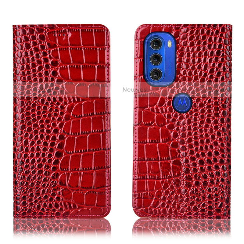 Leather Case Stands Flip Cover Holder H08P for Motorola Moto G51 5G Red