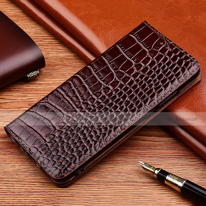 Leather Case Stands Flip Cover Holder H08P for Motorola Moto G60 Brown