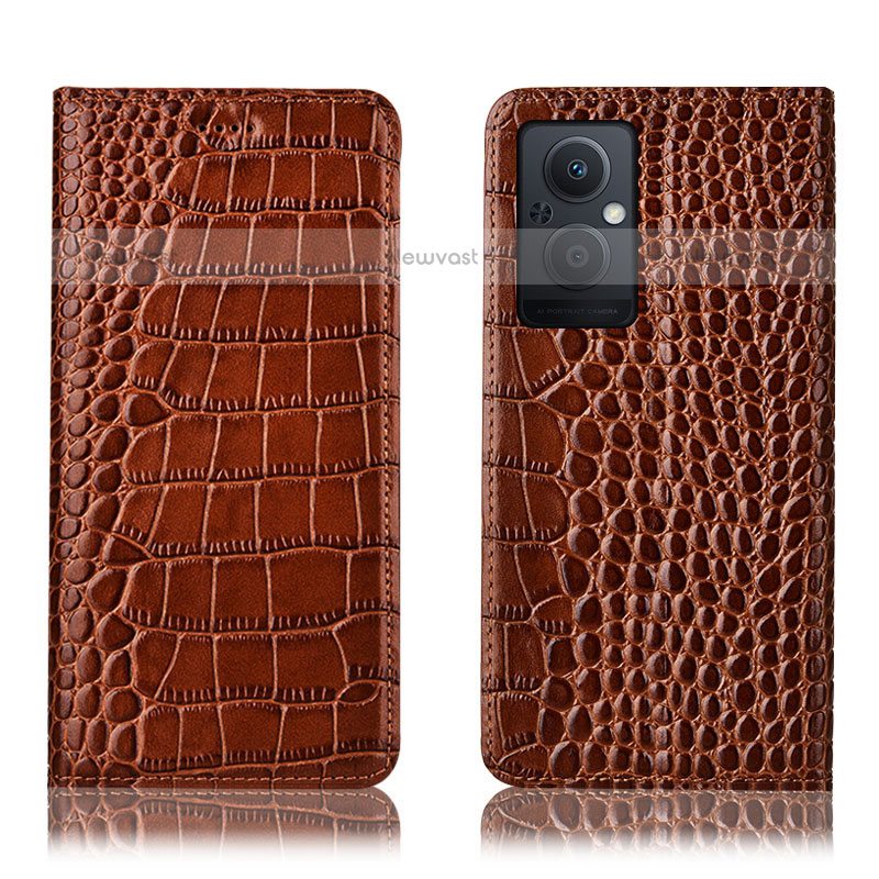Leather Case Stands Flip Cover Holder H08P for OnePlus Nord N20 5G Light Brown