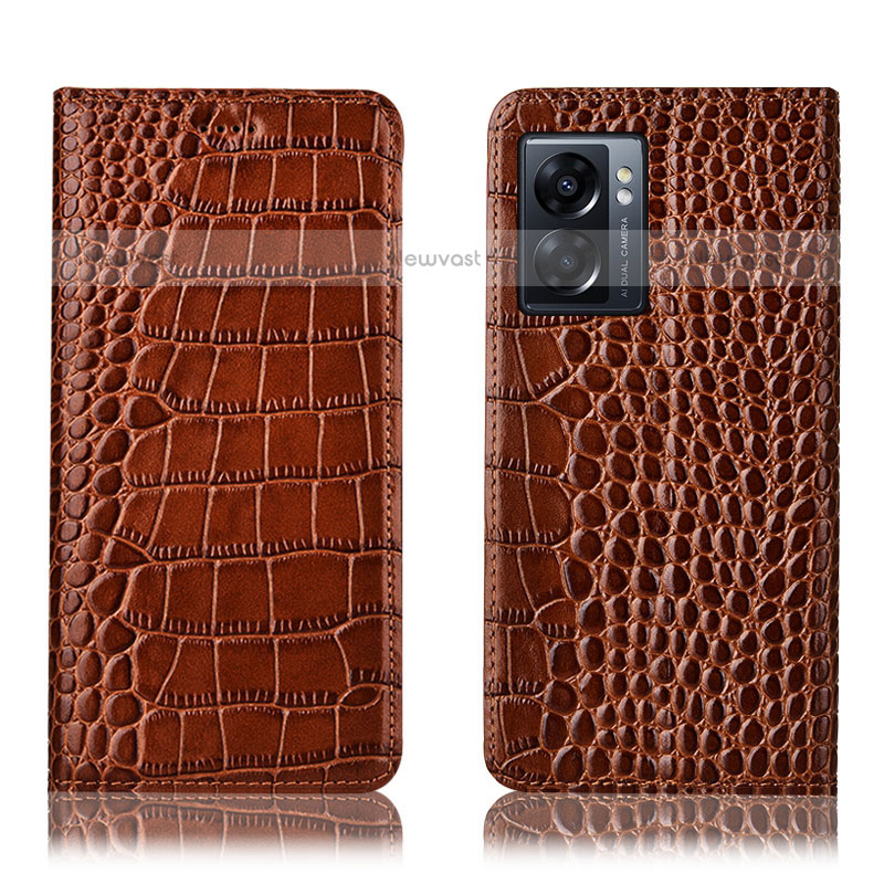 Leather Case Stands Flip Cover Holder H08P for OnePlus Nord N300 5G Light Brown
