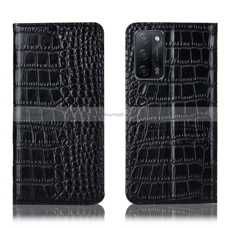 Leather Case Stands Flip Cover Holder H08P for Oppo A53s 5G Black