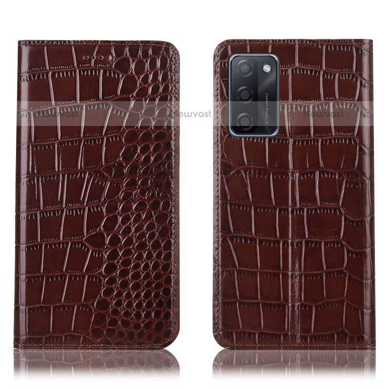 Leather Case Stands Flip Cover Holder H08P for Oppo A55S 5G Brown