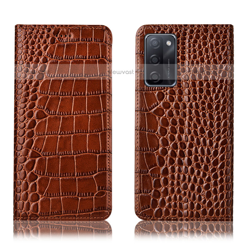 Leather Case Stands Flip Cover Holder H08P for Oppo A55S 5G Light Brown