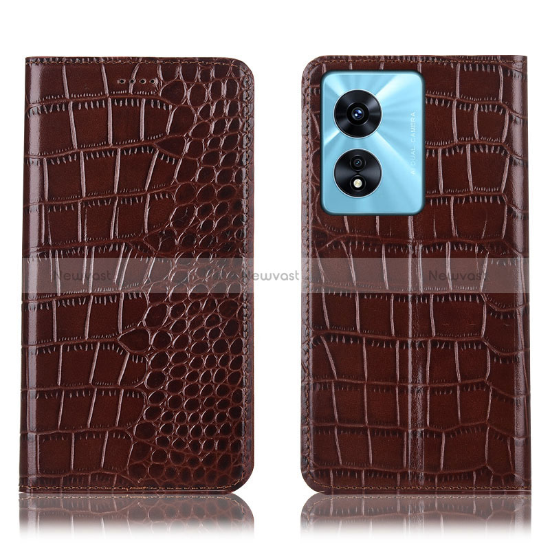 Leather Case Stands Flip Cover Holder H08P for Oppo A58x 5G Brown