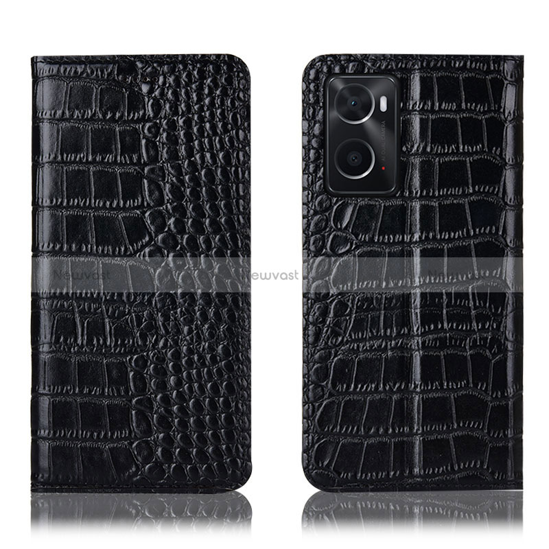Leather Case Stands Flip Cover Holder H08P for Oppo A76 Black