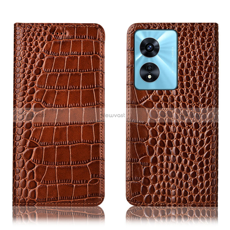 Leather Case Stands Flip Cover Holder H08P for Oppo A78 5G Light Brown