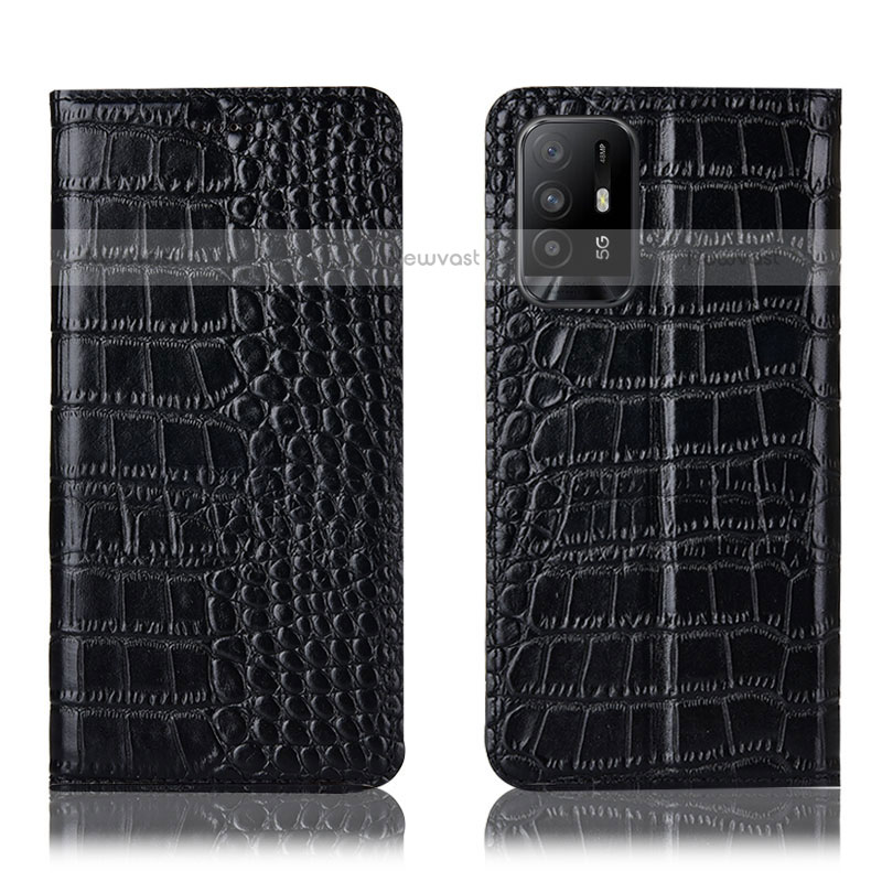 Leather Case Stands Flip Cover Holder H08P for Oppo F19 Pro+ Plus 5G Black