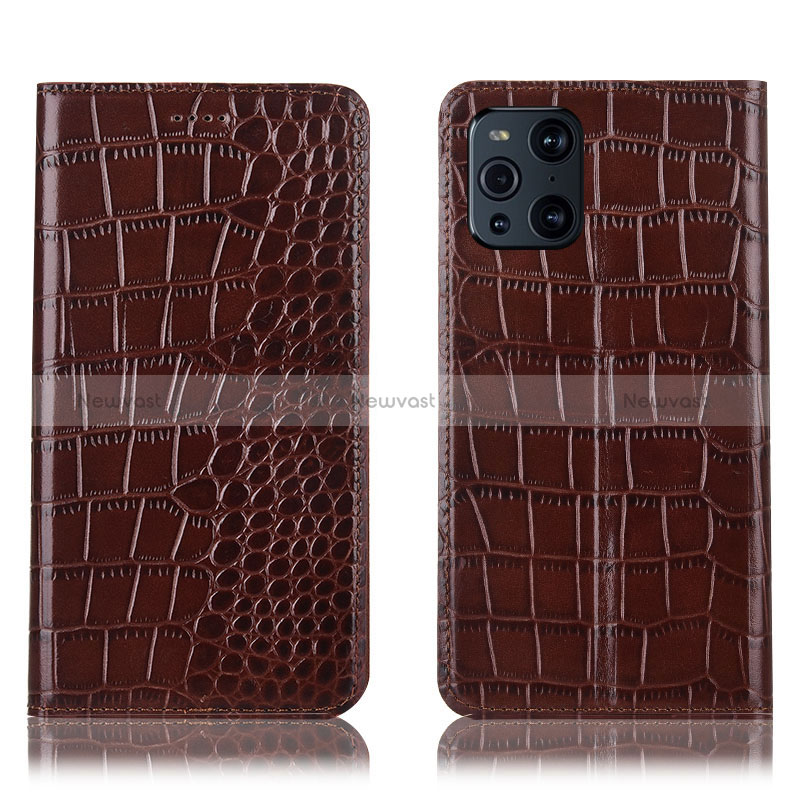 Leather Case Stands Flip Cover Holder H08P for Oppo Find X3 5G Brown