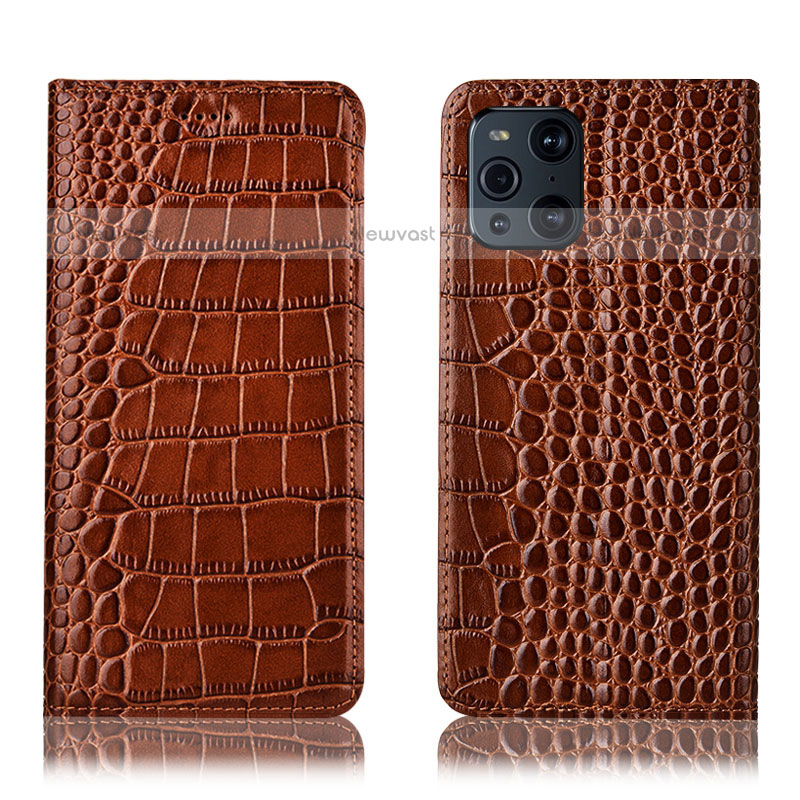 Leather Case Stands Flip Cover Holder H08P for Oppo Find X3 Pro 5G Light Brown