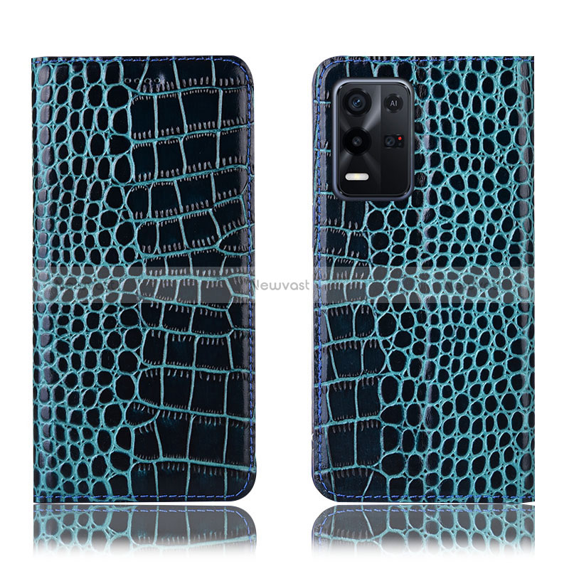 Leather Case Stands Flip Cover Holder H08P for Oppo K9X 5G Blue
