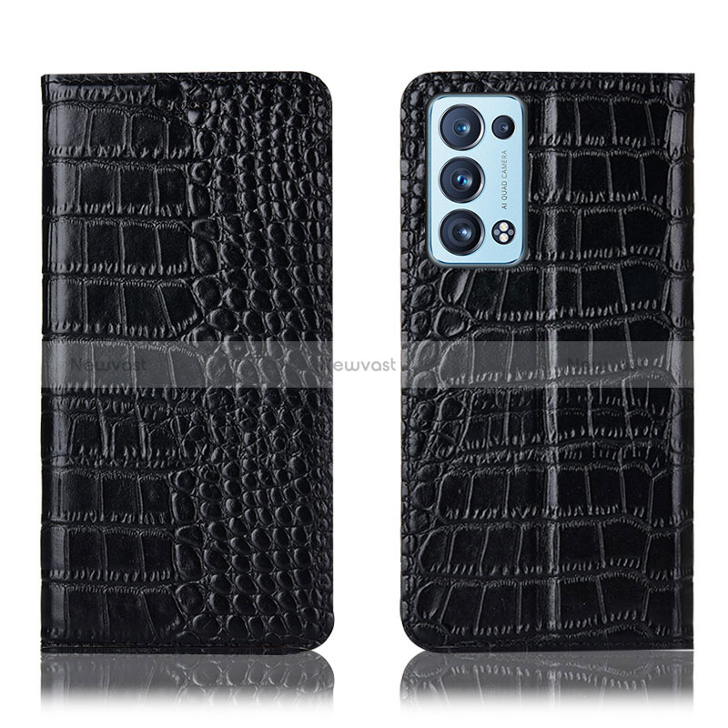 Leather Case Stands Flip Cover Holder H08P for Oppo Reno6 Pro 5G Black