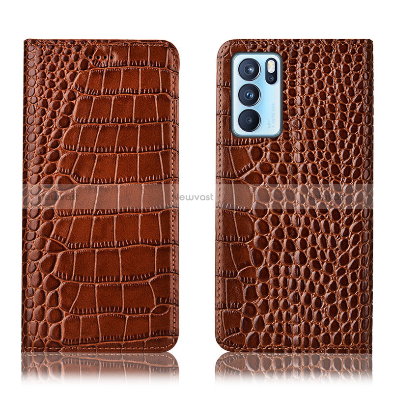 Leather Case Stands Flip Cover Holder H08P for Oppo Reno6 Pro 5G India Light Brown