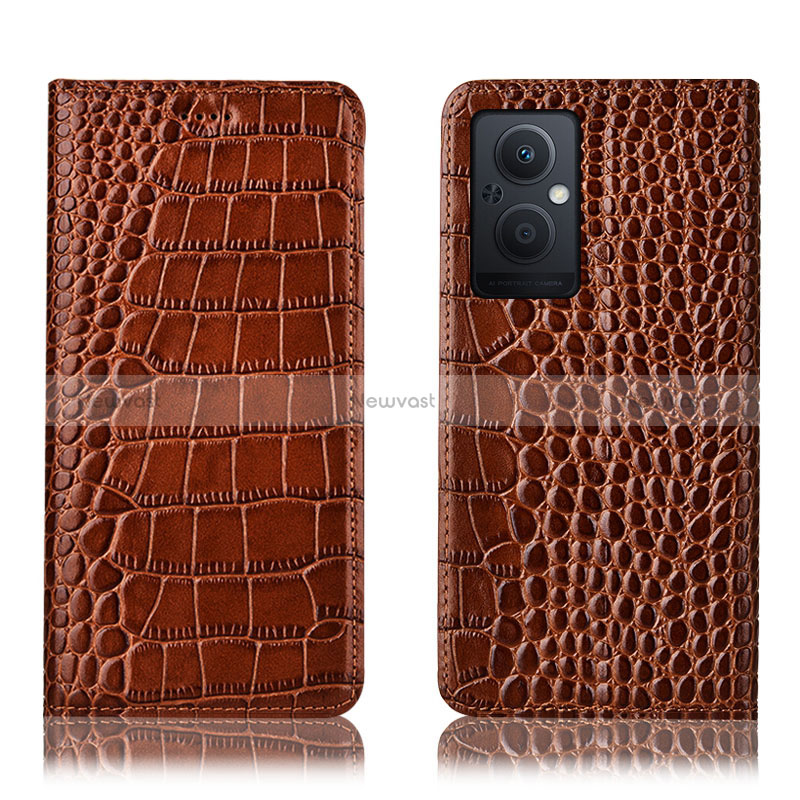 Leather Case Stands Flip Cover Holder H08P for Oppo Reno7 Lite 5G Light Brown