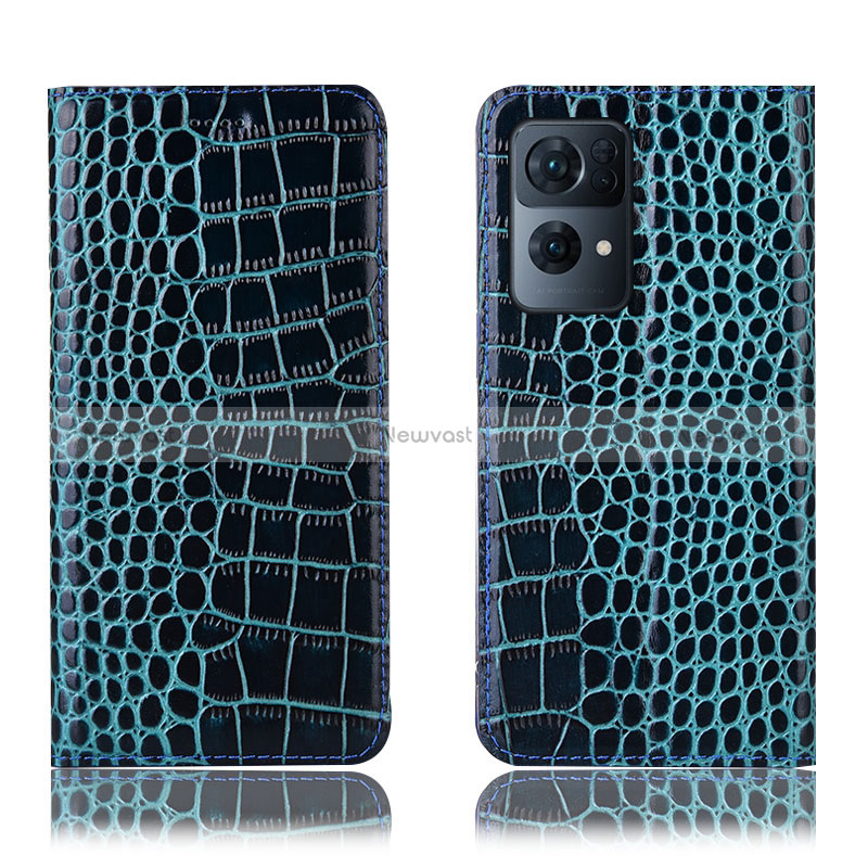 Leather Case Stands Flip Cover Holder H08P for Oppo Reno7 Pro 5G Blue
