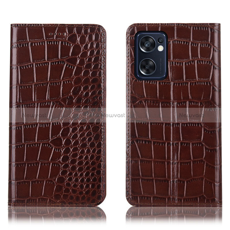 Leather Case Stands Flip Cover Holder H08P for Oppo Reno7 SE 5G Brown