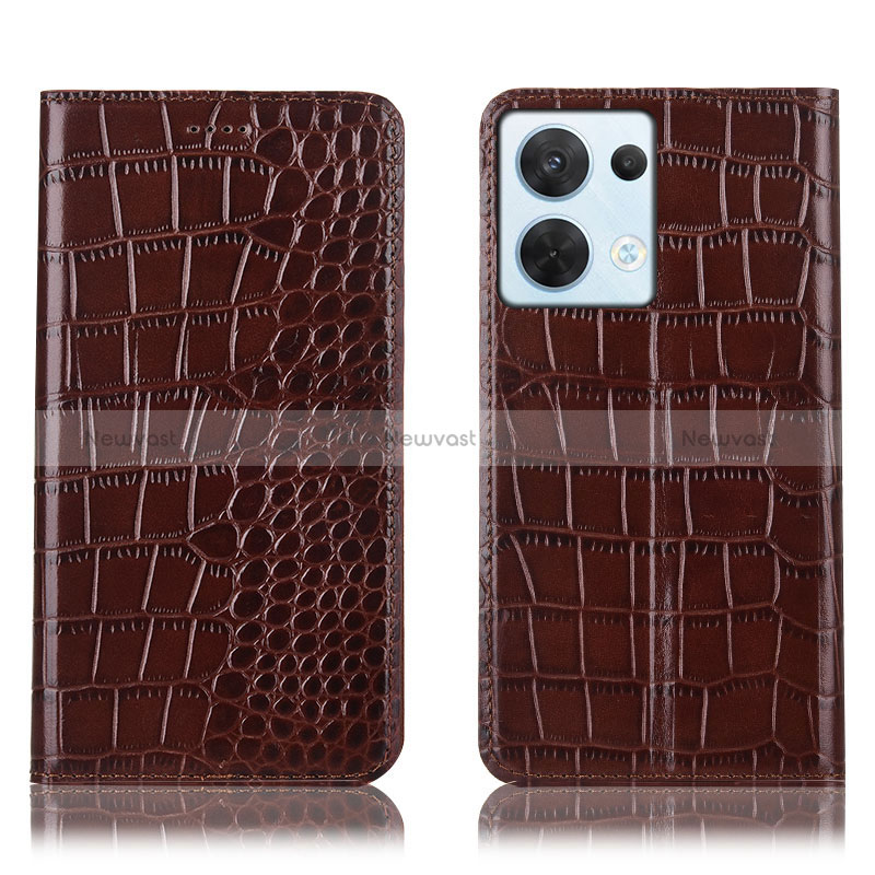 Leather Case Stands Flip Cover Holder H08P for Oppo Reno8 5G Brown