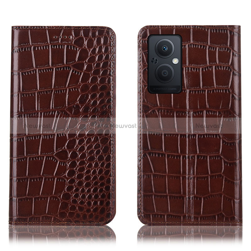 Leather Case Stands Flip Cover Holder H08P for Oppo Reno8 Lite 5G Brown