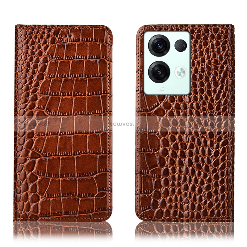 Leather Case Stands Flip Cover Holder H08P for Oppo Reno8 Pro 5G Light Brown