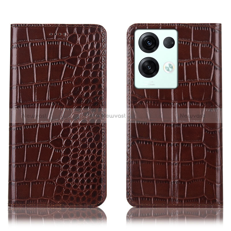 Leather Case Stands Flip Cover Holder H08P for Oppo Reno8 Pro+ Plus 5G Brown