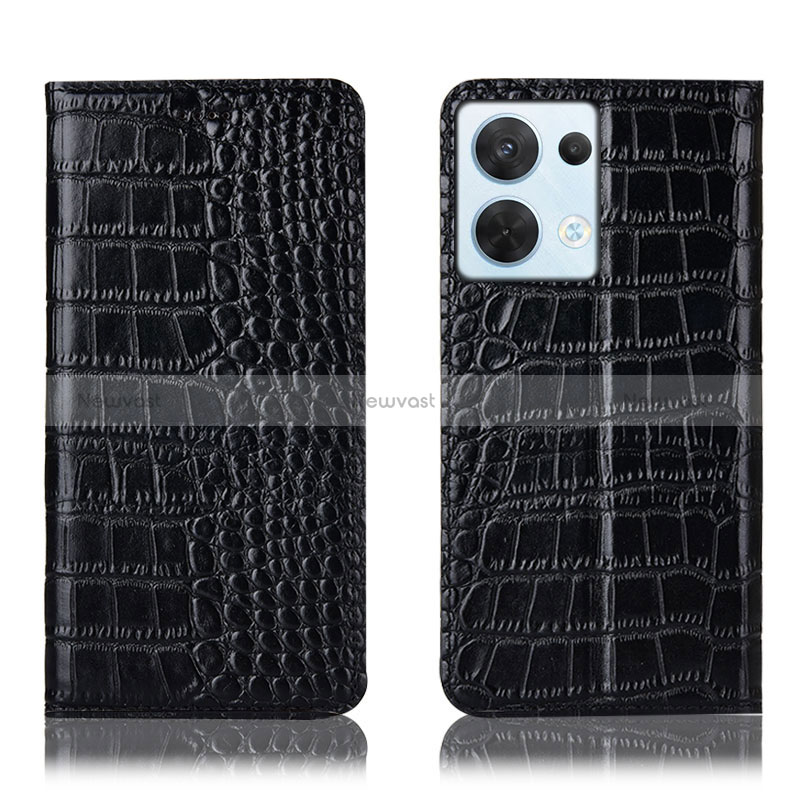 Leather Case Stands Flip Cover Holder H08P for Oppo Reno9 5G Black