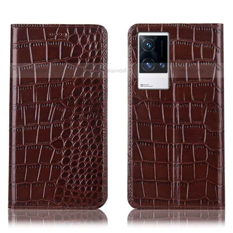 Leather Case Stands Flip Cover Holder H08P for Vivo iQOO 8 5G Brown