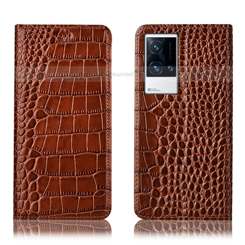 Leather Case Stands Flip Cover Holder H08P for Vivo iQOO 8 5G Light Brown
