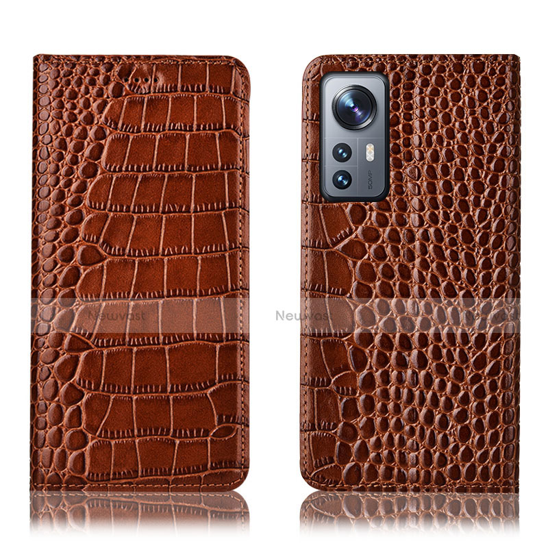 Leather Case Stands Flip Cover Holder H08P for Xiaomi Mi 12 5G Light Brown