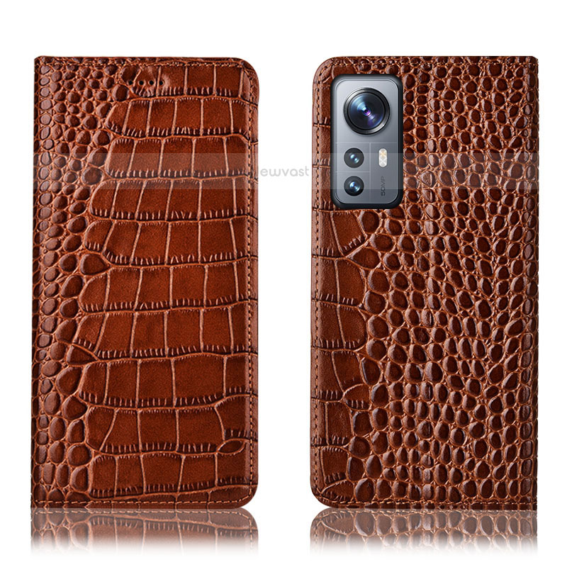 Leather Case Stands Flip Cover Holder H08P for Xiaomi Mi 12 Pro 5G Light Brown
