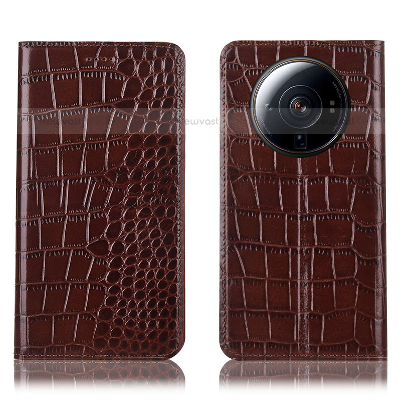 Leather Case Stands Flip Cover Holder H08P for Xiaomi Mi 12 Ultra 5G Brown