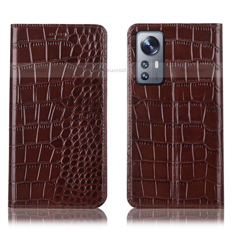 Leather Case Stands Flip Cover Holder H08P for Xiaomi Mi 12S 5G Brown