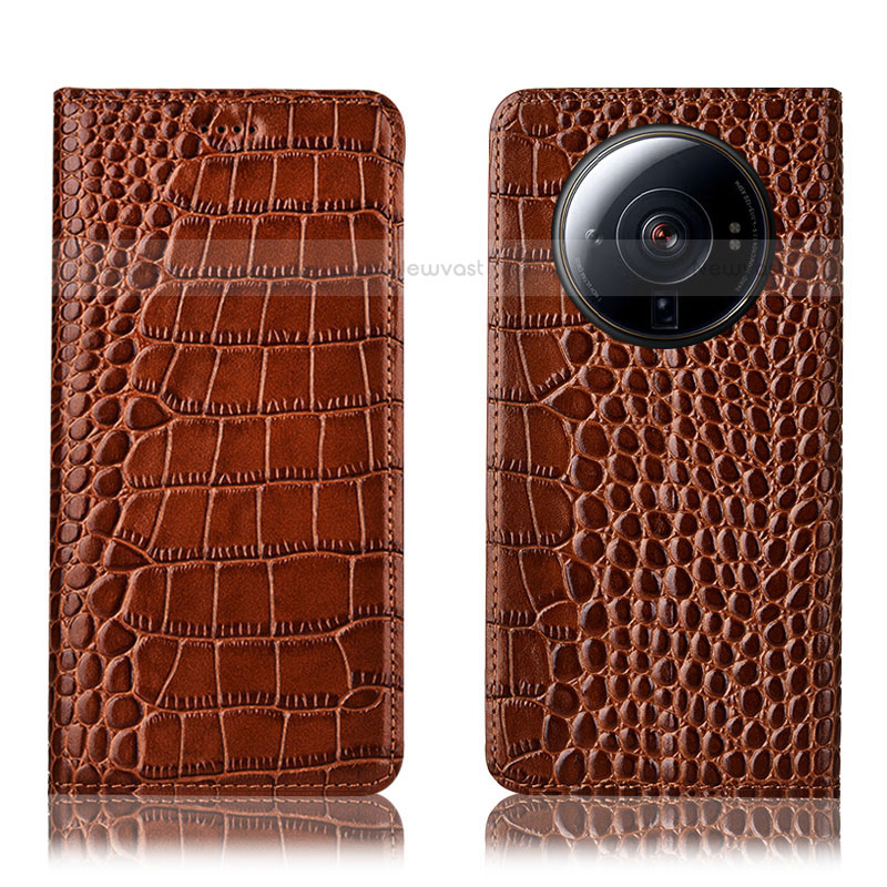 Leather Case Stands Flip Cover Holder H08P for Xiaomi Mi 12S Ultra 5G Light Brown
