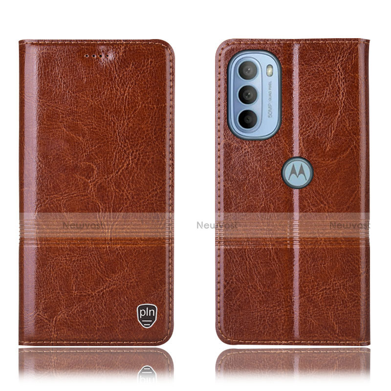 Leather Case Stands Flip Cover Holder H09P for Motorola Moto G41 Light Brown