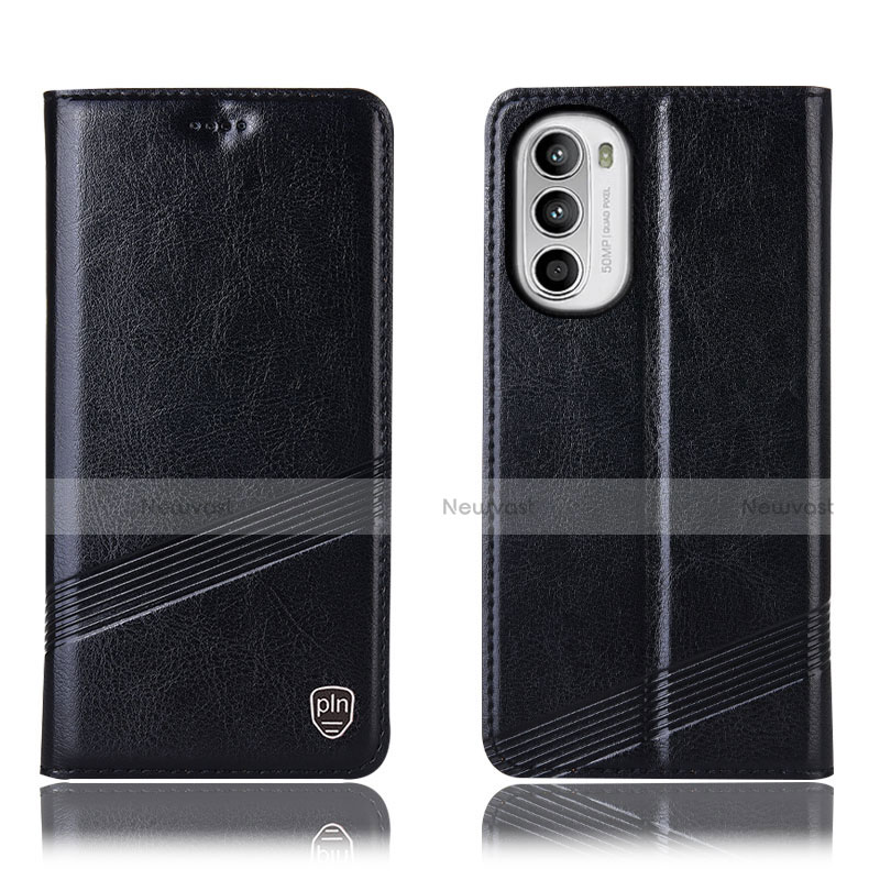 Leather Case Stands Flip Cover Holder H09P for Motorola Moto G82 5G Black