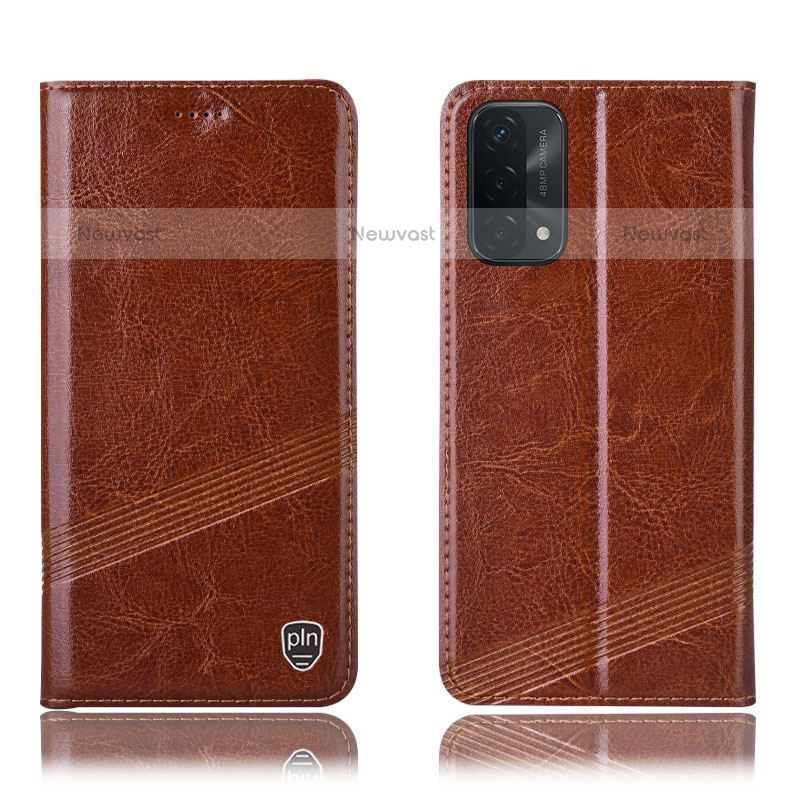 Leather Case Stands Flip Cover Holder H09P for OnePlus Nord N200 5G Light Brown