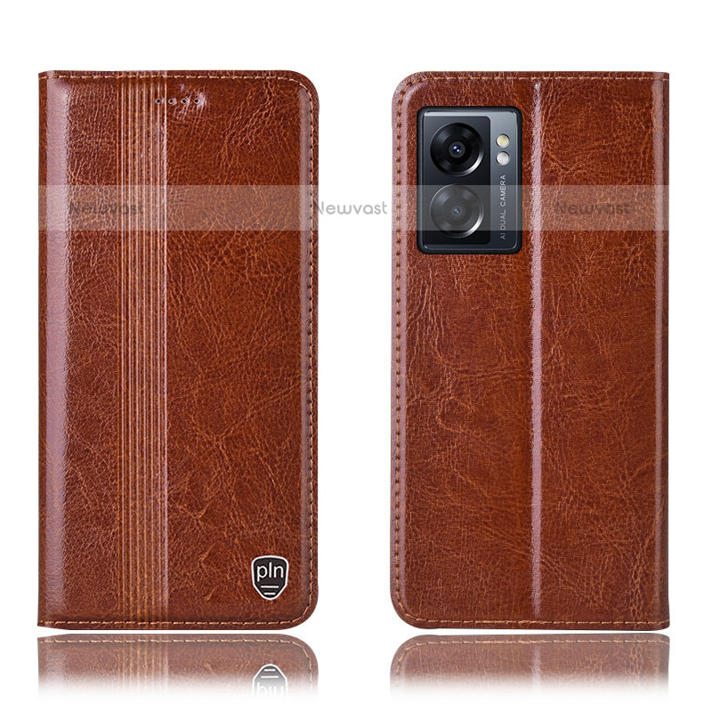 Leather Case Stands Flip Cover Holder H09P for OnePlus Nord N300 5G Light Brown