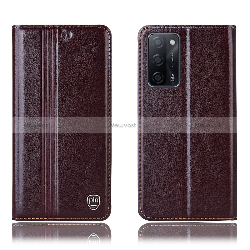 Leather Case Stands Flip Cover Holder H09P for Oppo A56 5G Brown