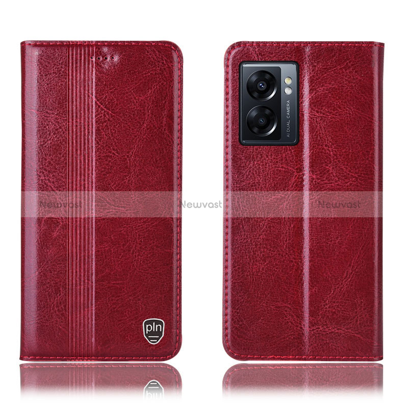 Leather Case Stands Flip Cover Holder H09P for Oppo A56S 5G Red