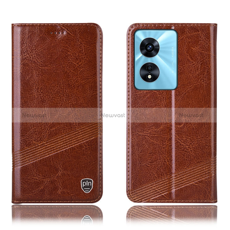 Leather Case Stands Flip Cover Holder H09P for Oppo A58 5G Light Brown