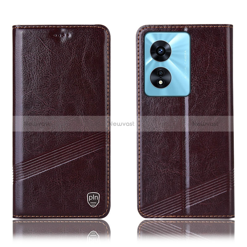 Leather Case Stands Flip Cover Holder H09P for Oppo A78 5G Brown
