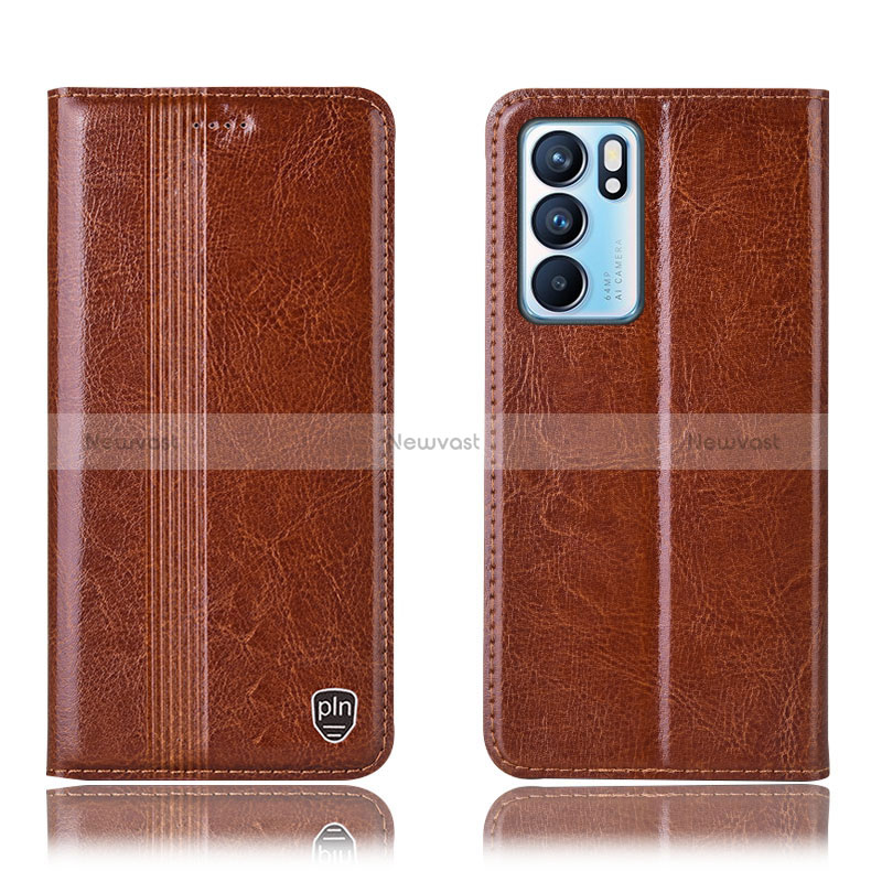 Leather Case Stands Flip Cover Holder H09P for Oppo Reno6 5G Light Brown