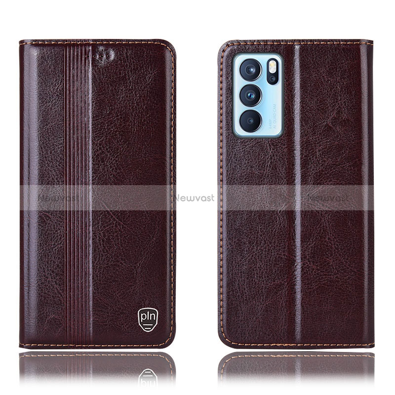 Leather Case Stands Flip Cover Holder H09P for Oppo Reno6 Pro 5G India Brown