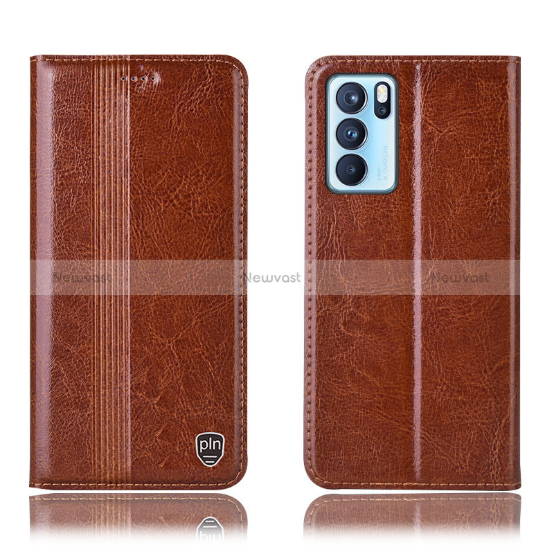 Leather Case Stands Flip Cover Holder H09P for Oppo Reno6 Pro 5G India Light Brown