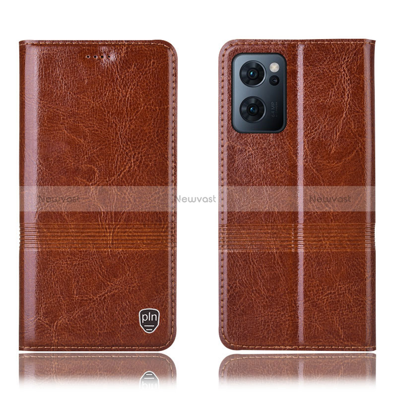 Leather Case Stands Flip Cover Holder H09P for Oppo Reno7 5G Light Brown