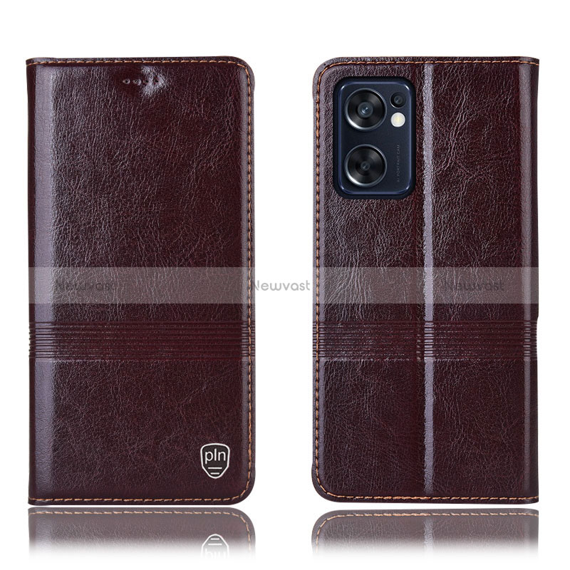 Leather Case Stands Flip Cover Holder H09P for Oppo Reno7 SE 5G Brown