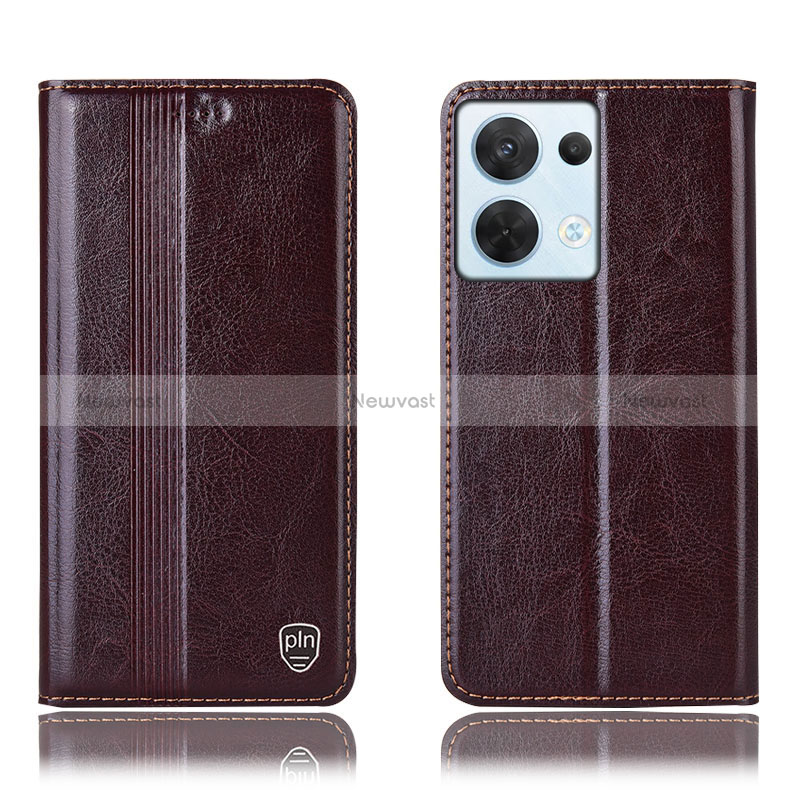 Leather Case Stands Flip Cover Holder H09P for Oppo Reno8 5G Brown
