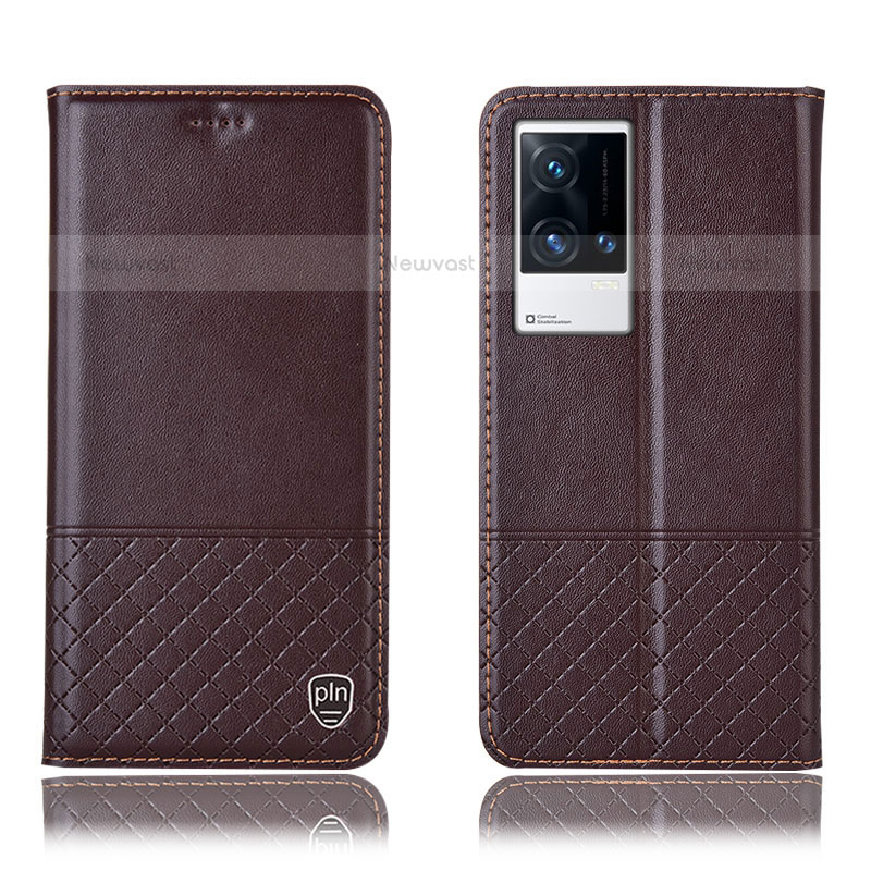 Leather Case Stands Flip Cover Holder H09P for Vivo iQOO 8 Pro 5G Brown