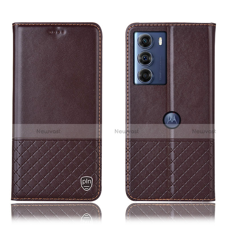 Leather Case Stands Flip Cover Holder H10P for Motorola Moto G200 5G Brown