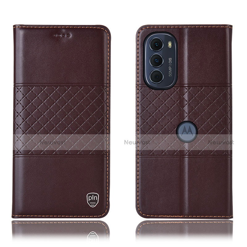 Leather Case Stands Flip Cover Holder H10P for Motorola MOTO G52 Brown